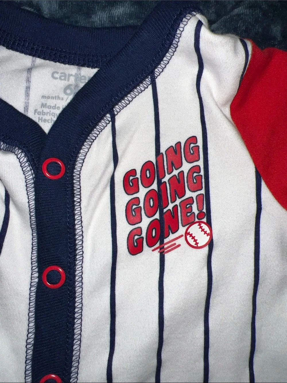 Carter's Baseball Themed White Navy Pinstripe Footed One-Piece with Red Sleeves